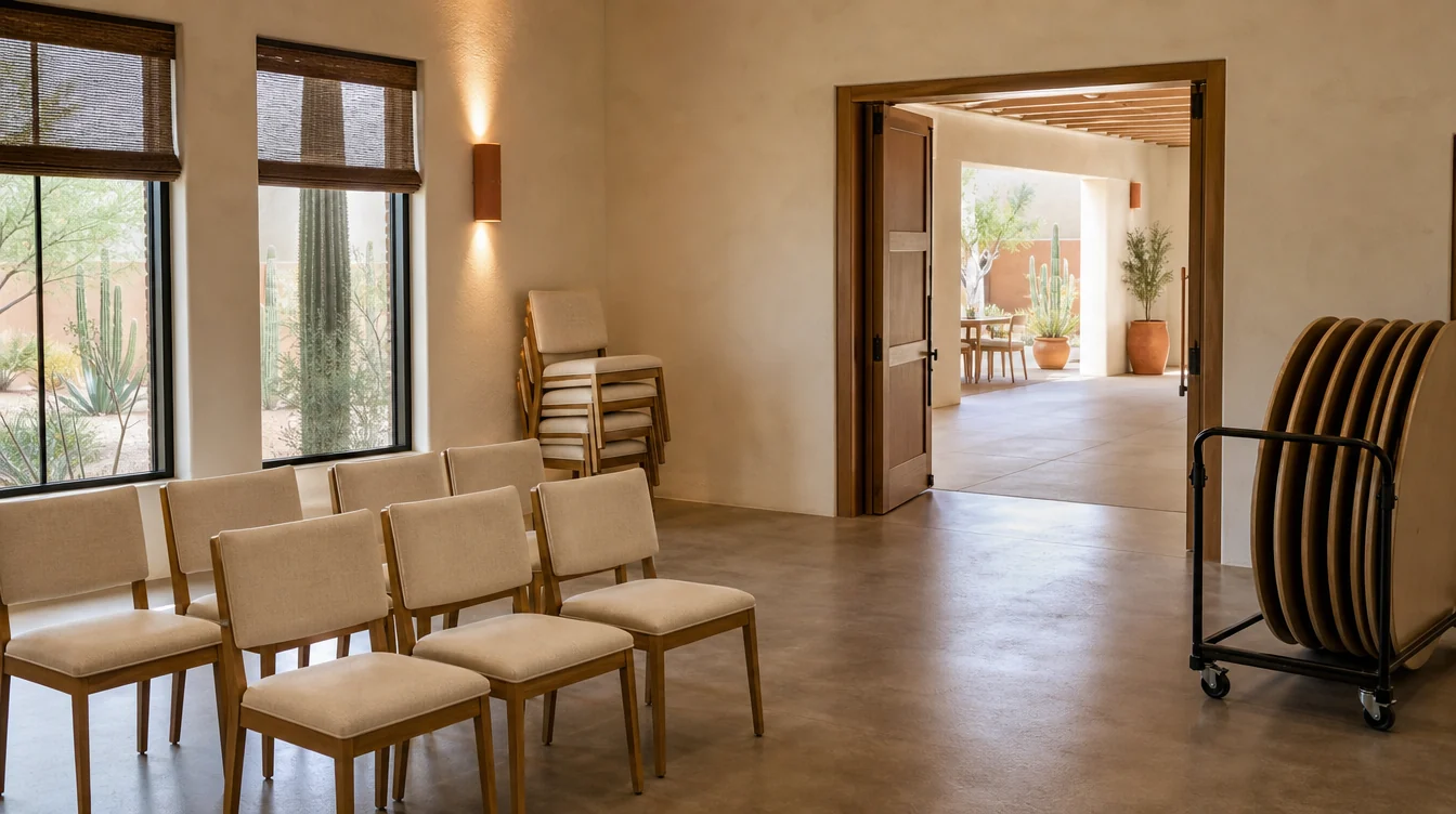 Furniture staging, chair stacks and a table trolley at an Arizona venue