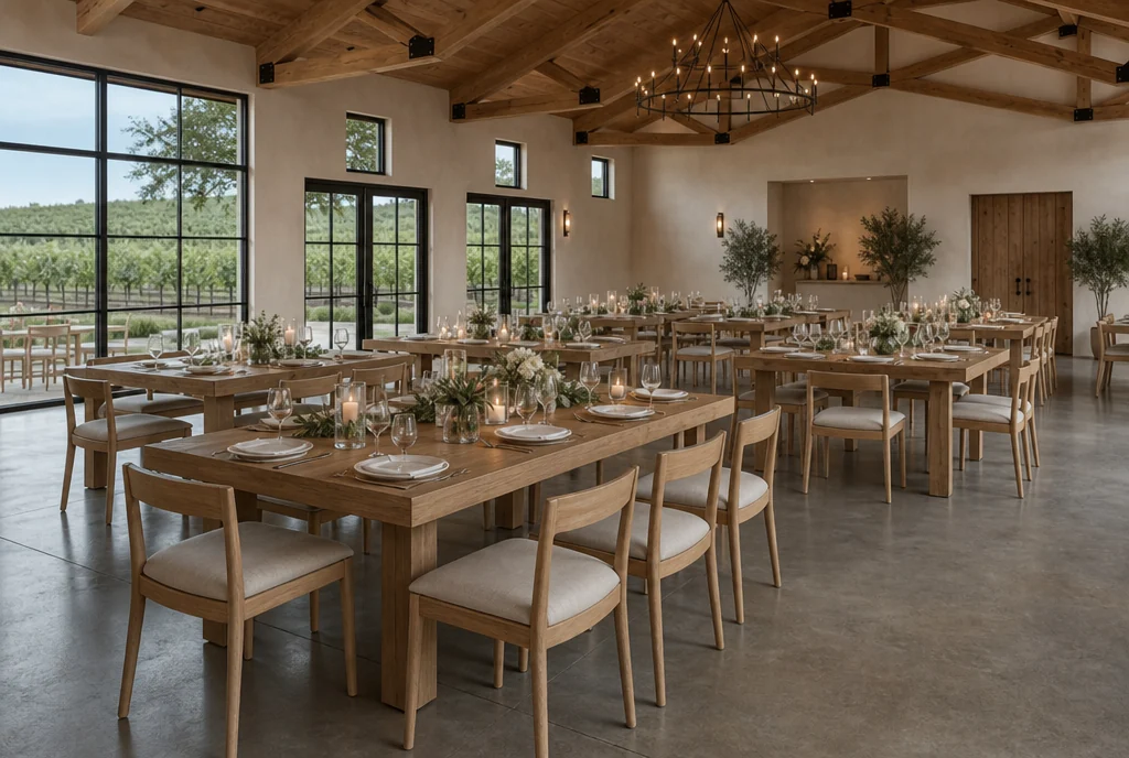 Reception tables and coordinated chairs in a California wedding venue setting.