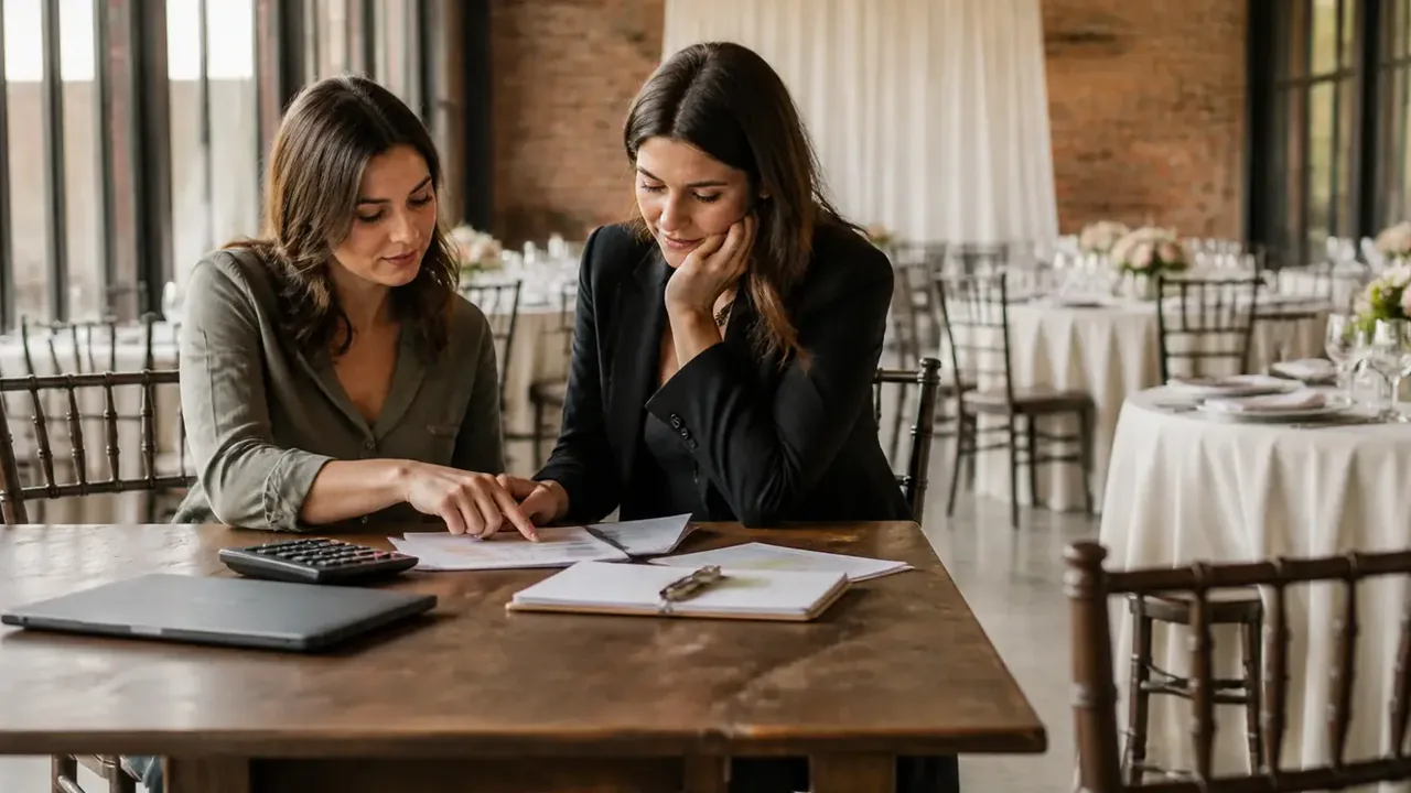 Two women reviewing papers beside a calculator and laptop in a room with set tables