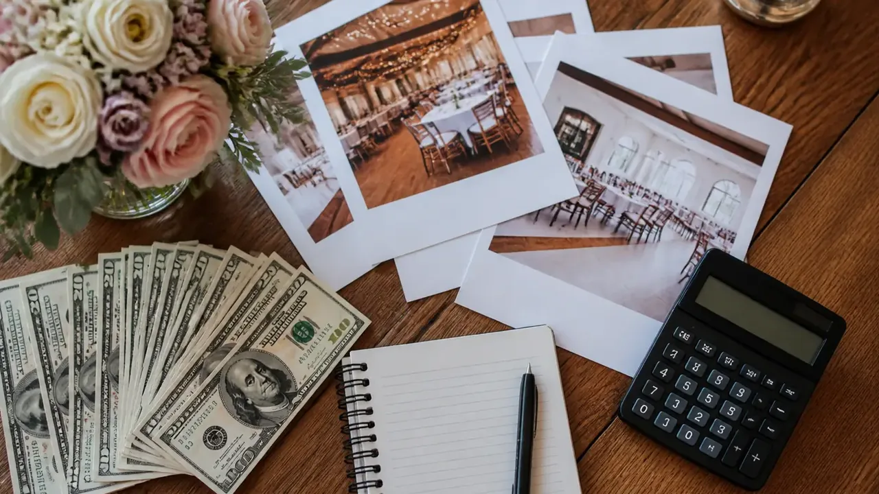 Overhead view of banknotes, a calculator, a notebook and printed venue photographs
