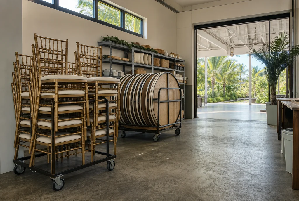 Chair carts and stored reception tables with a clear handling route for a Florida venue.