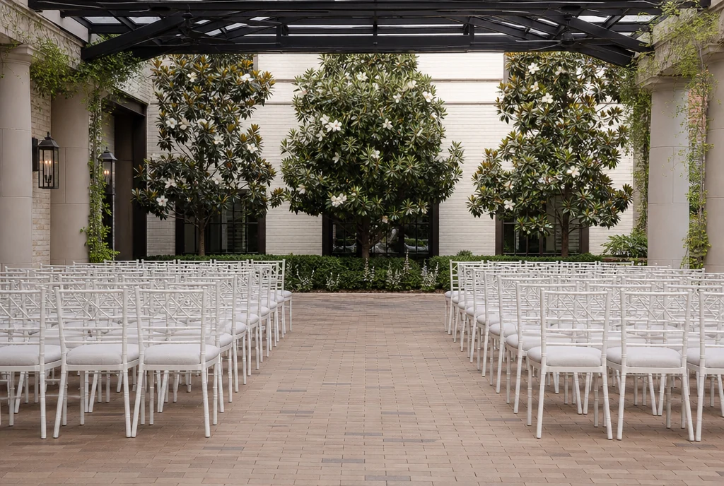 Ceremony chairs arranged with a clear aisle in a Georgia venue setting.