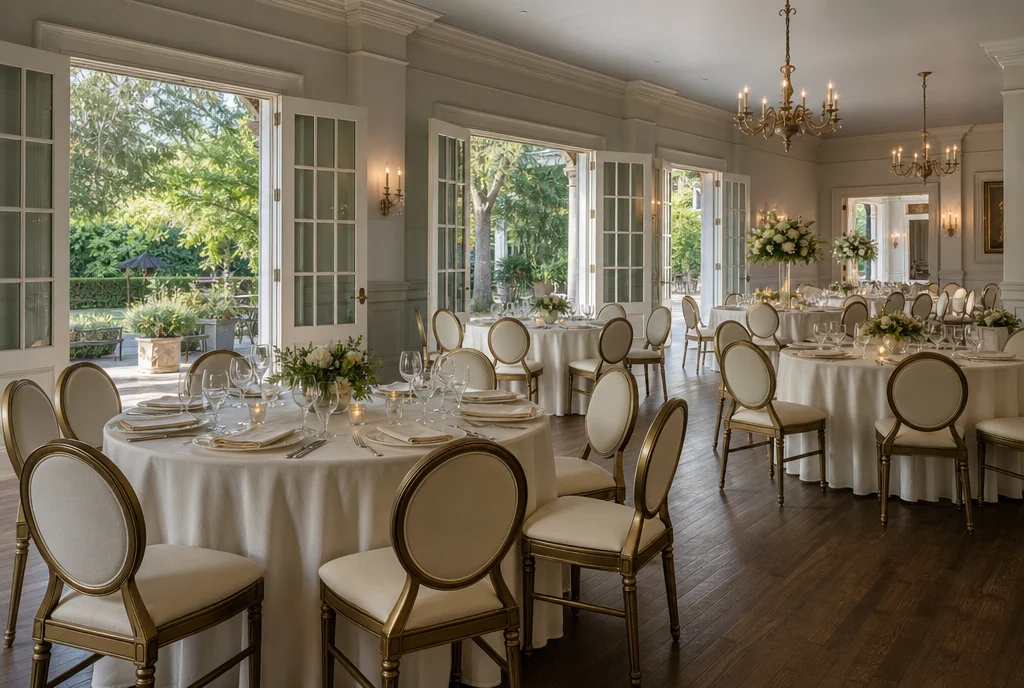 Reception tables and coordinated chairs in a Georgia wedding venue setting.