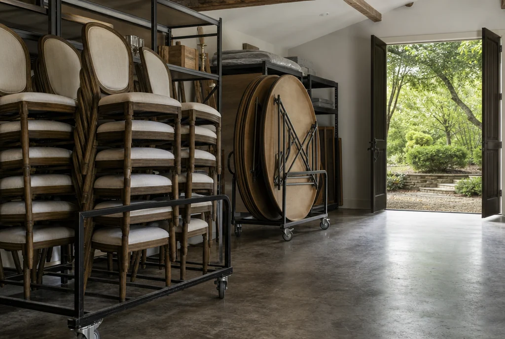 Chair carts and stored reception tables with a clear handling route for a Georgia venue.