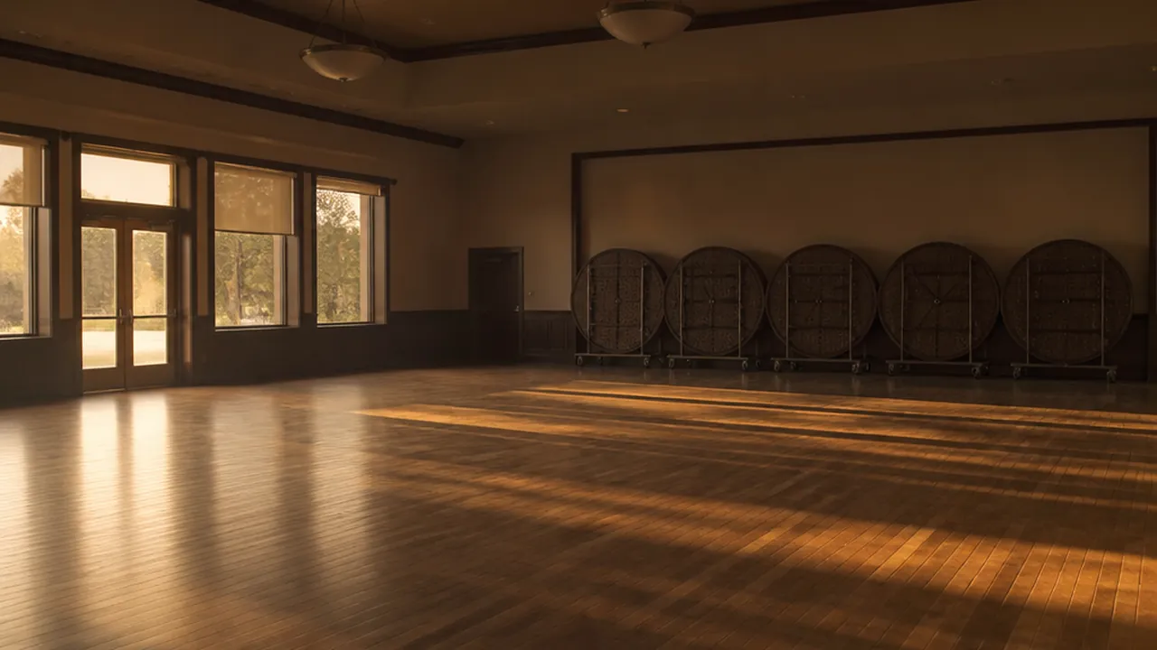 Round tables folded upright along the wall of an empty hall.