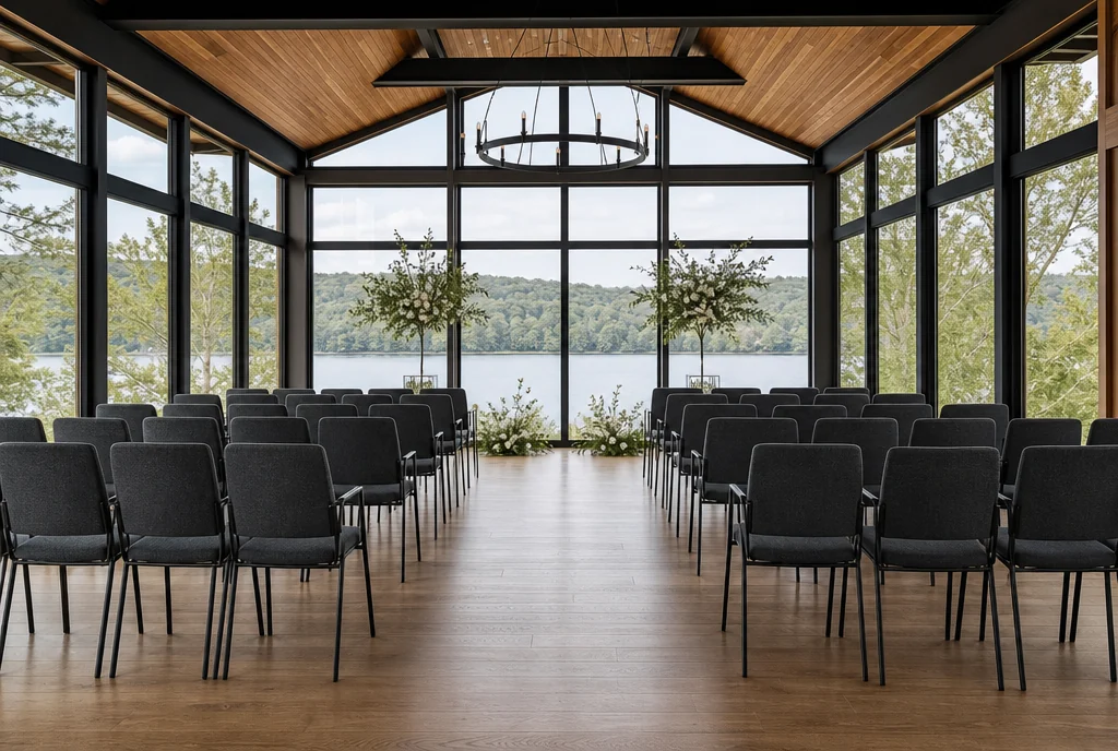 Ceremony chairs arranged with a clear aisle in a Illinois venue setting.