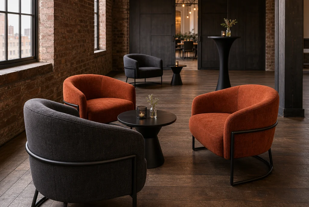 Cocktail and lounge furniture arranged for guests at a Illinois venue.