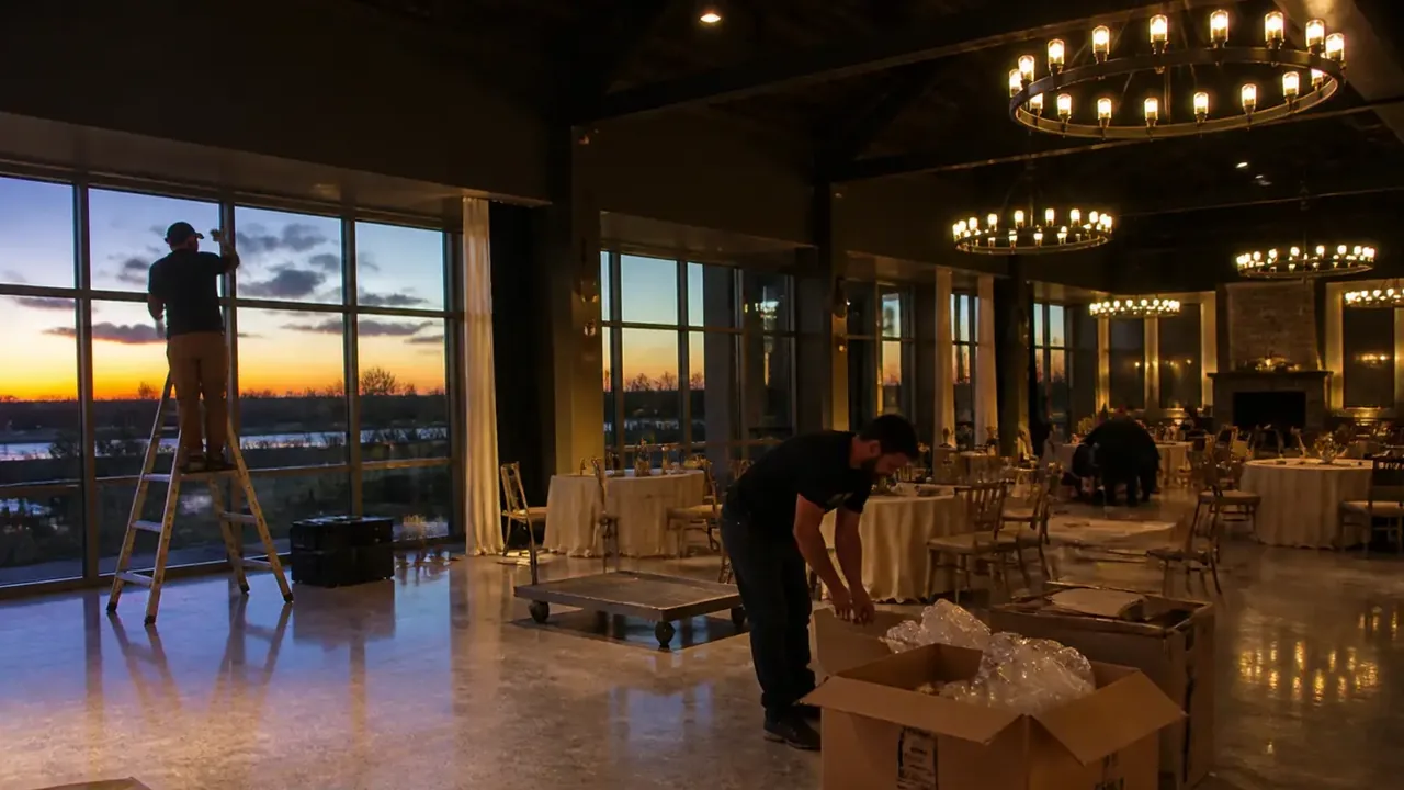 People handling boxes and equipment in a hall, with one person standing on a ladder beside a window