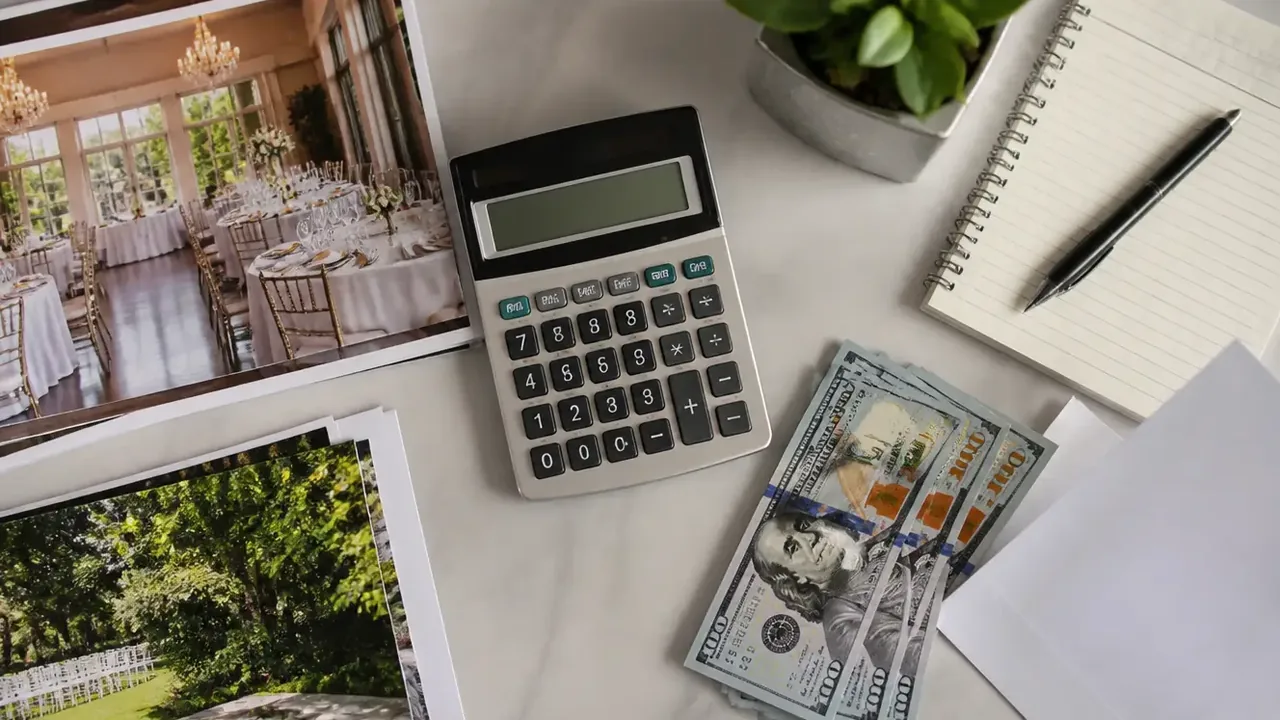 Overhead view of a calculator, banknotes, notebook and printed venue photographs