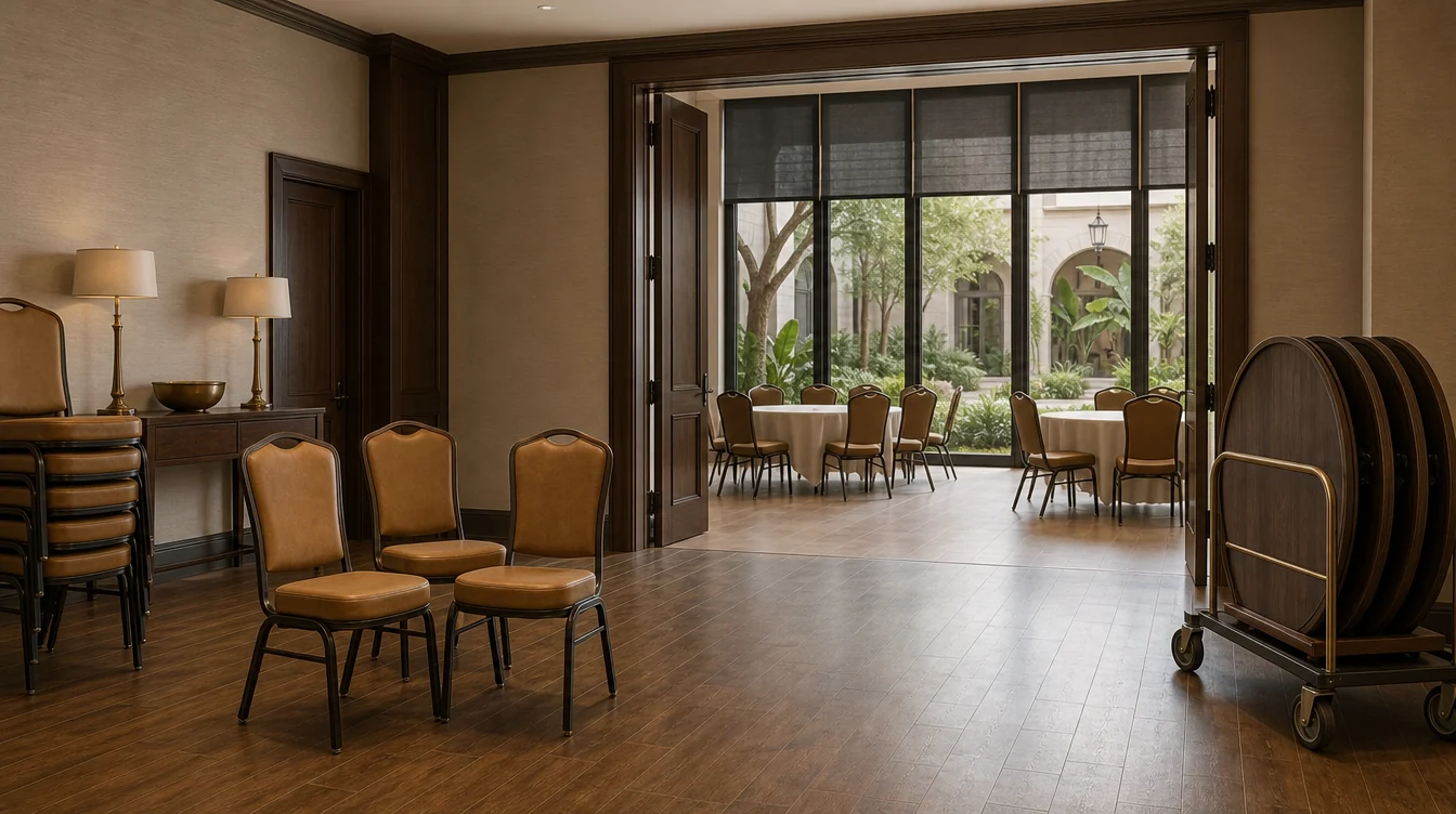 Furniture staging, chair stacks and a table trolley at a Louisiana venue