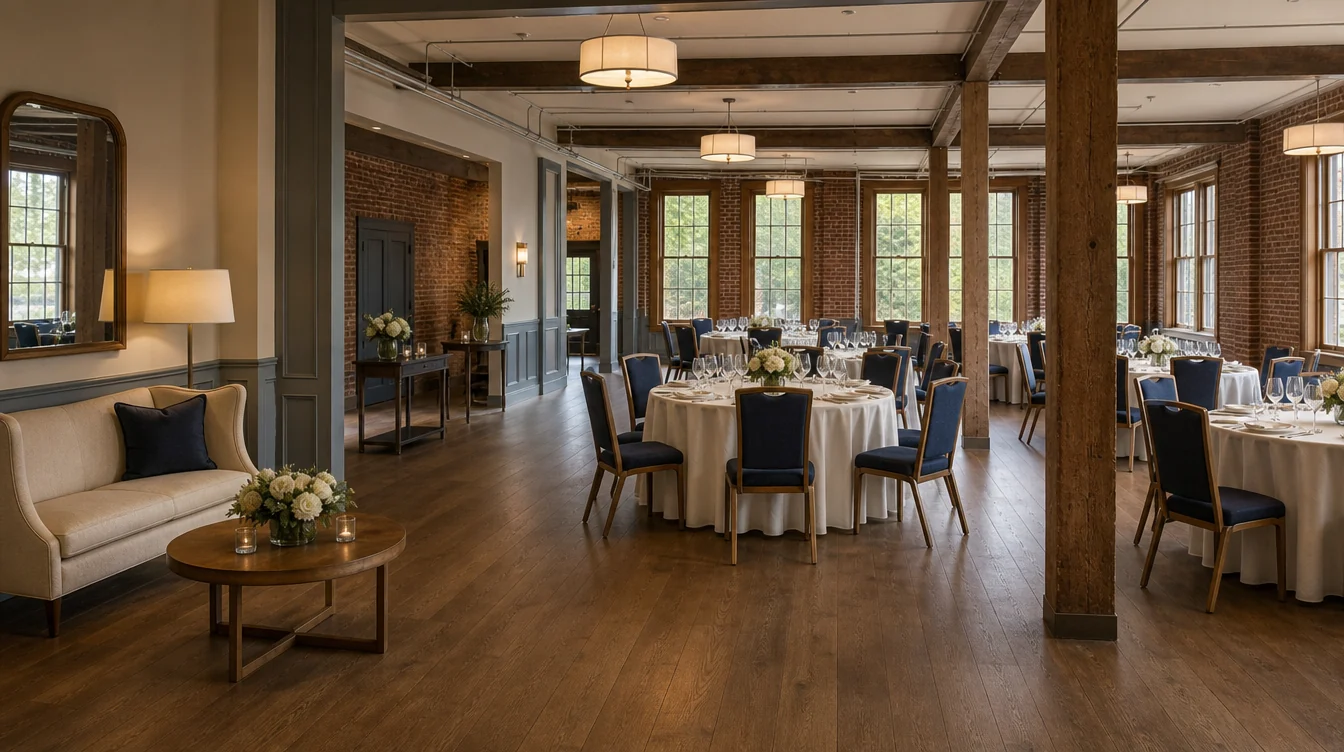 Reception tables and chairs in a Massachusetts event venue
