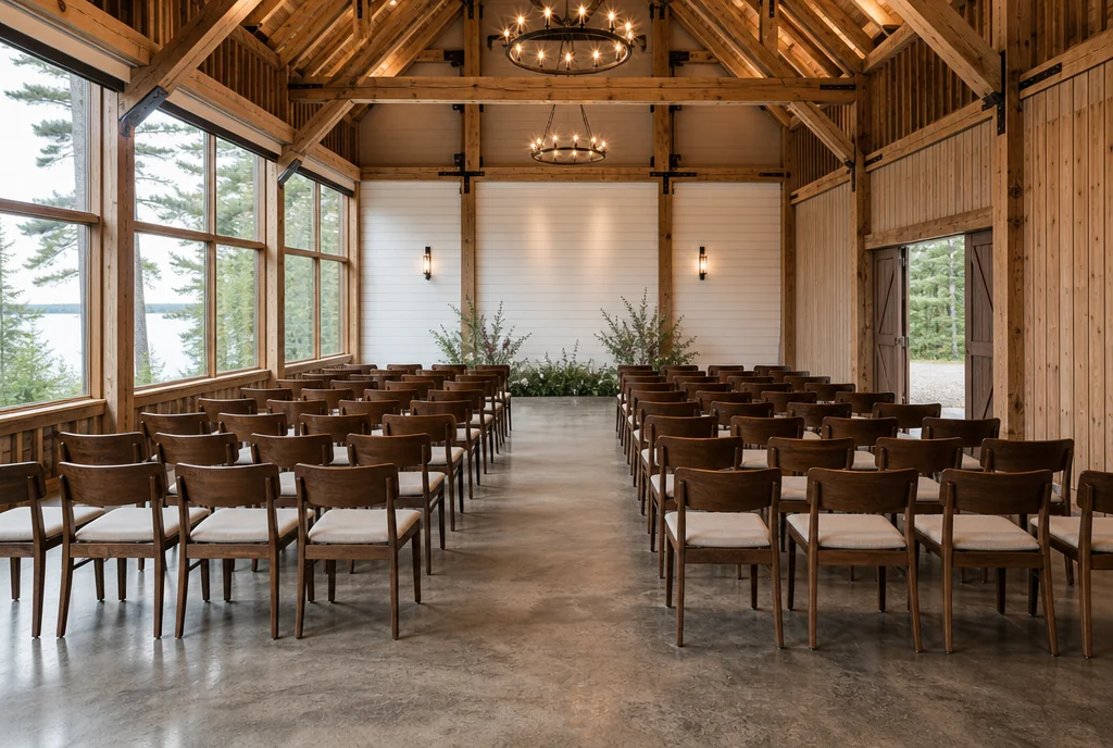 An indoor ceremony arrangement in a Michigan timber-framed venue.