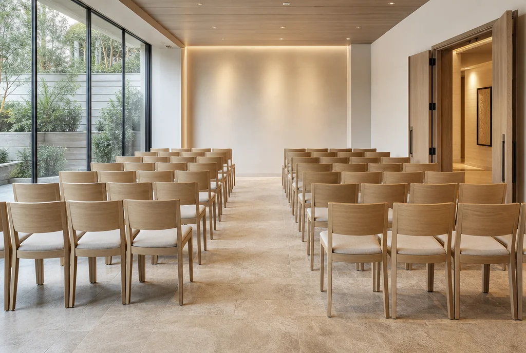 Ceremony chairs arranged in a separate Nevada venue room with a clear aisle.