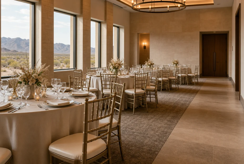 Coordinated chairs and round reception tables in a Nevada event-room setting.