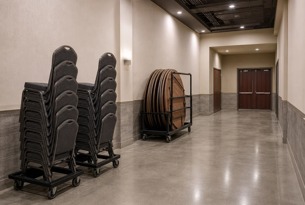 Chair carts allocated beside a clear service corridor in a Nevada event building.