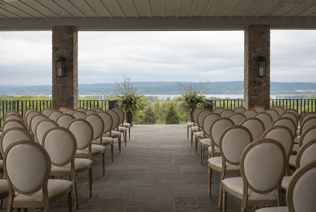 Ceremony chairs arranged with a clear aisle in a New York venue setting.