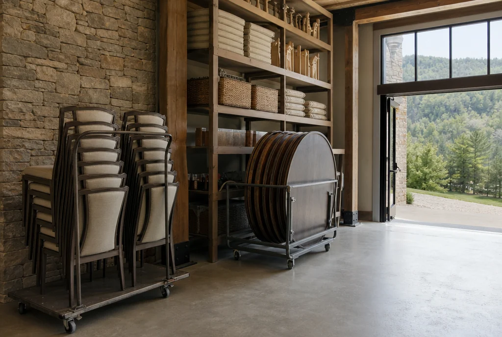 Chair carts and stored reception tables with a clear handling route for a New York venue.