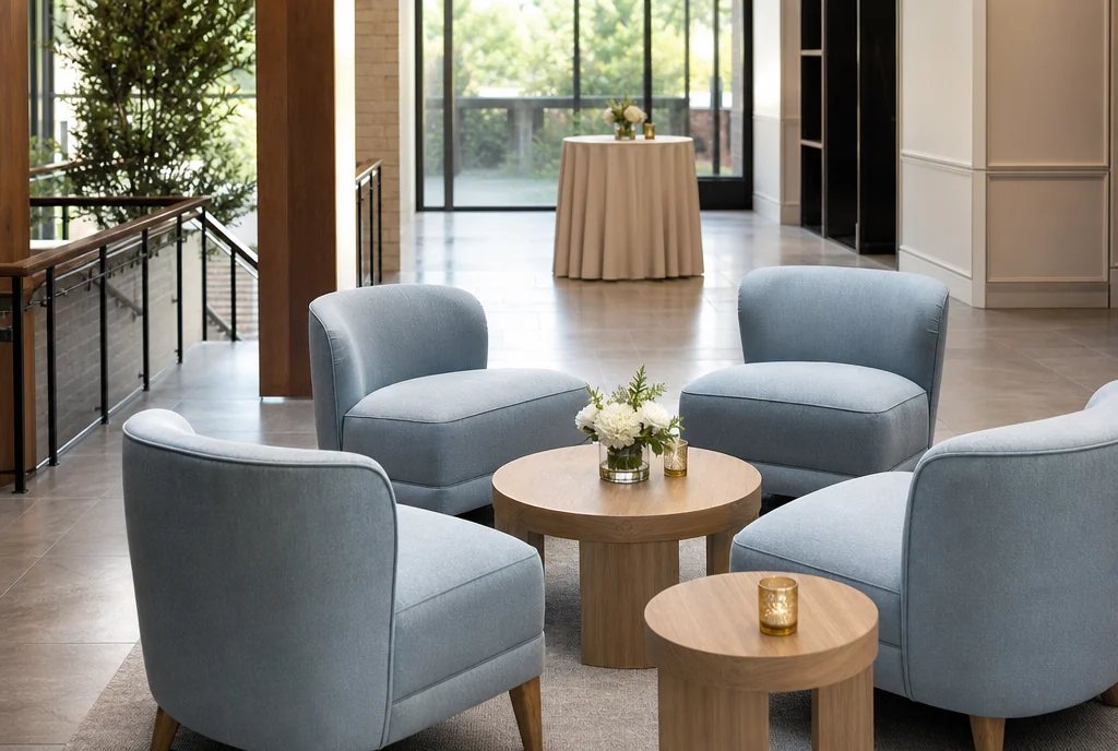 Cocktail and lounge furniture arranged for guests at a North Carolina venue.