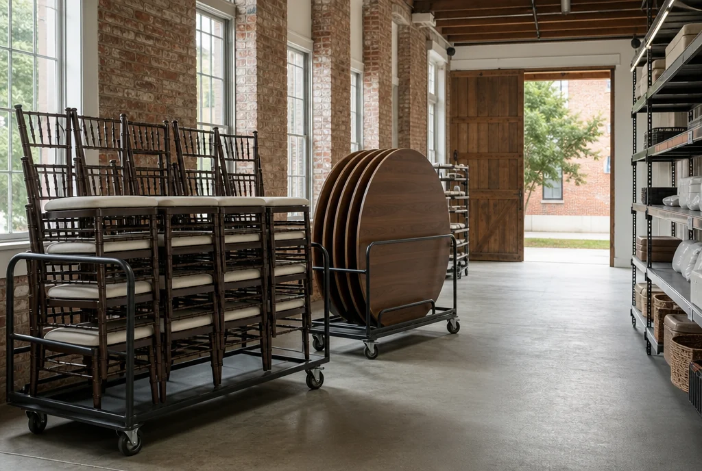 Chair carts and stored reception tables with a clear handling route for a North Carolina venue.