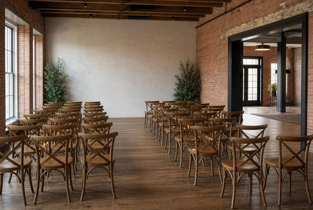 Indoor ceremony seating with a clear route to the foyer in an Ohio venue.