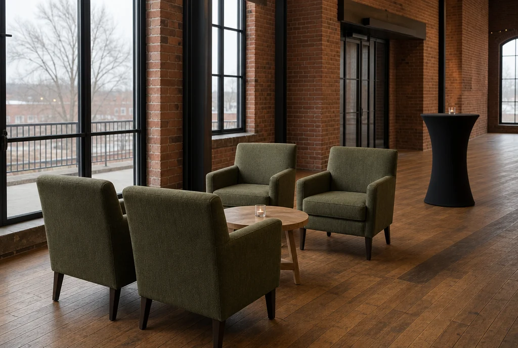 Compact lounge groups and occasional tables in an Ohio event-venue foyer.
