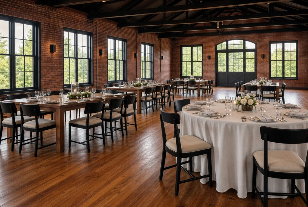Reception tables in two formats with coordinated chairs in an Ohio event-room setting.