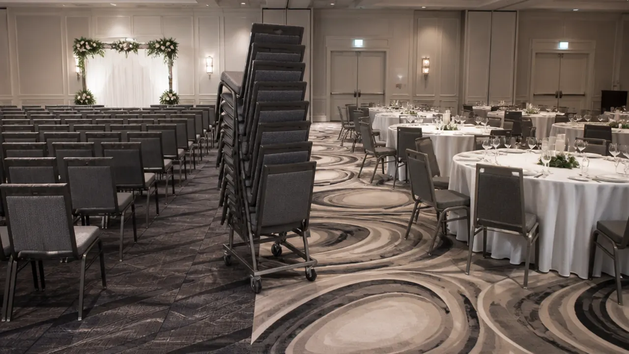 Illustrative split scene with ceremony chair rows, a chair dolly and reception tables.