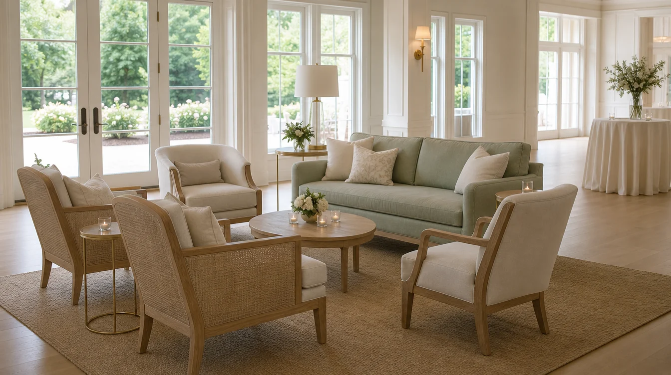 Sofa, lounge chairs and occasional tables in a South Carolina event room