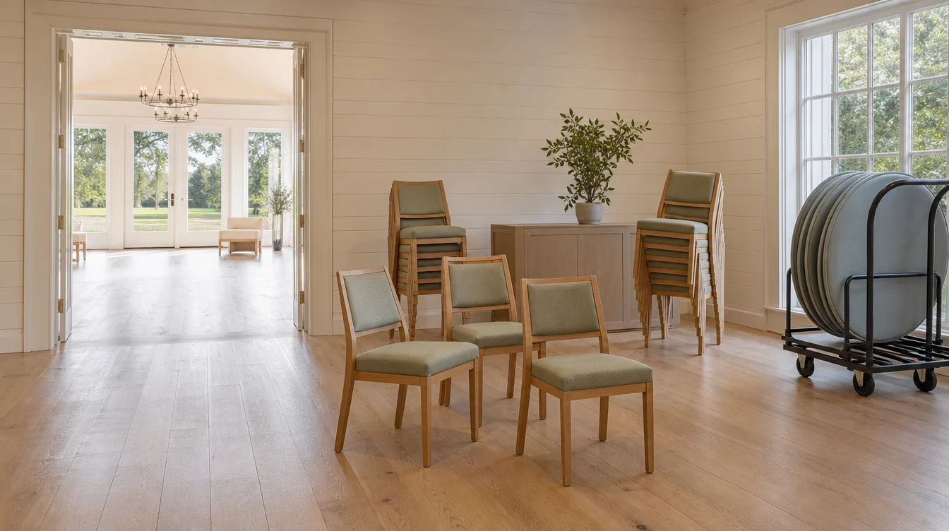 Furniture staging, chair stacks and a table trolley at a South Carolina venue