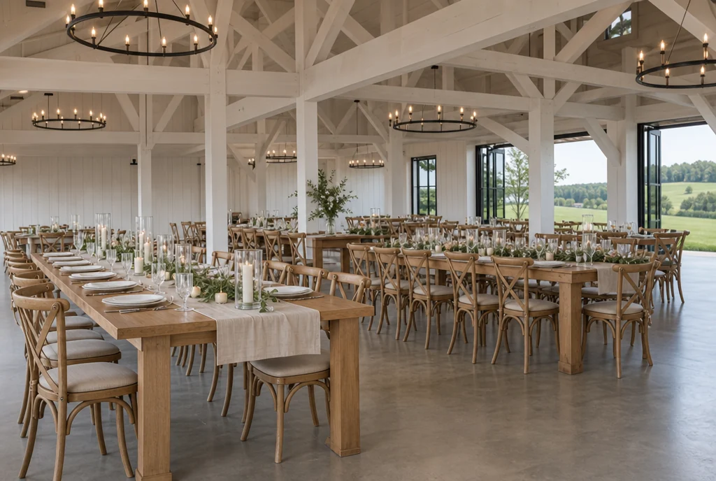 Reception tables and coordinated chairs in a Tennessee wedding venue setting.