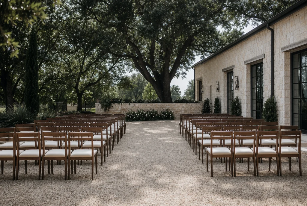 Ceremony chairs arranged with a clear aisle in a Texas venue setting.