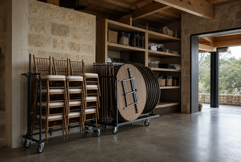 Chair carts and stored reception tables with a clear handling route for a Texas venue.