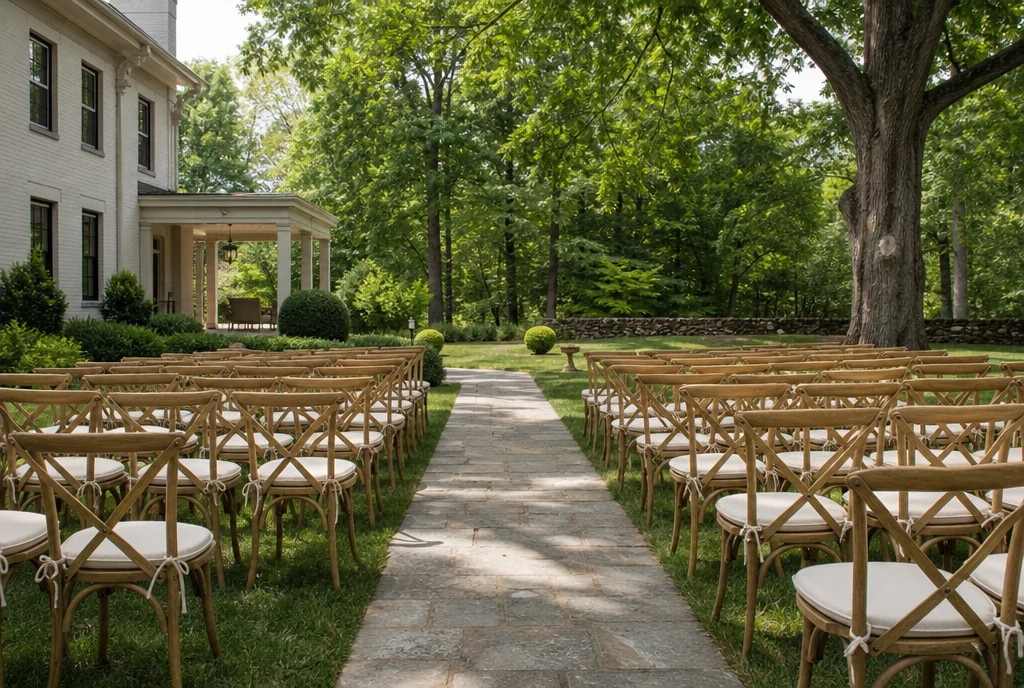 Garden ceremony chairs beside a covered porch in a Virginia estate setting.