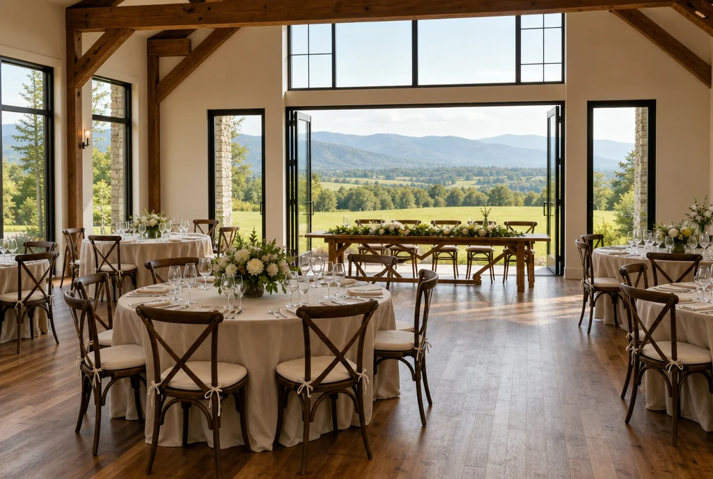 Walnut-tone reception chairs and dining tables in a Virginia estate-style venue.
