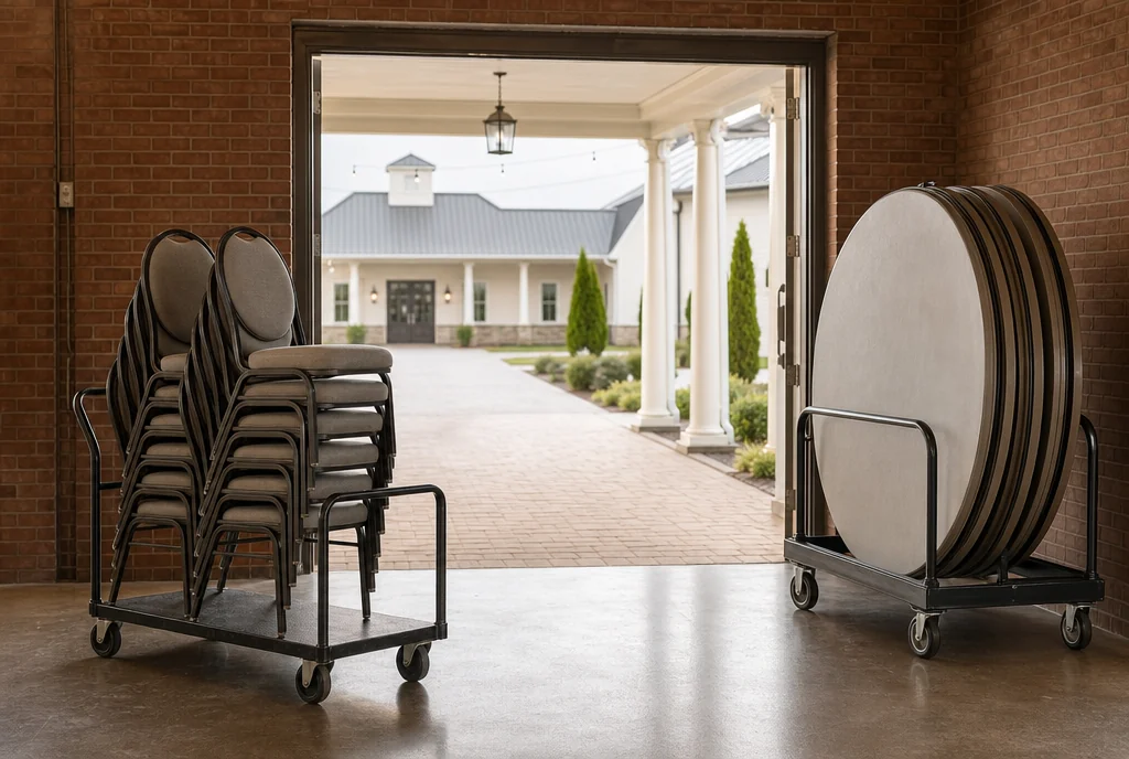 Chair and table handling equipment beside a covered route at a Virginia venue.